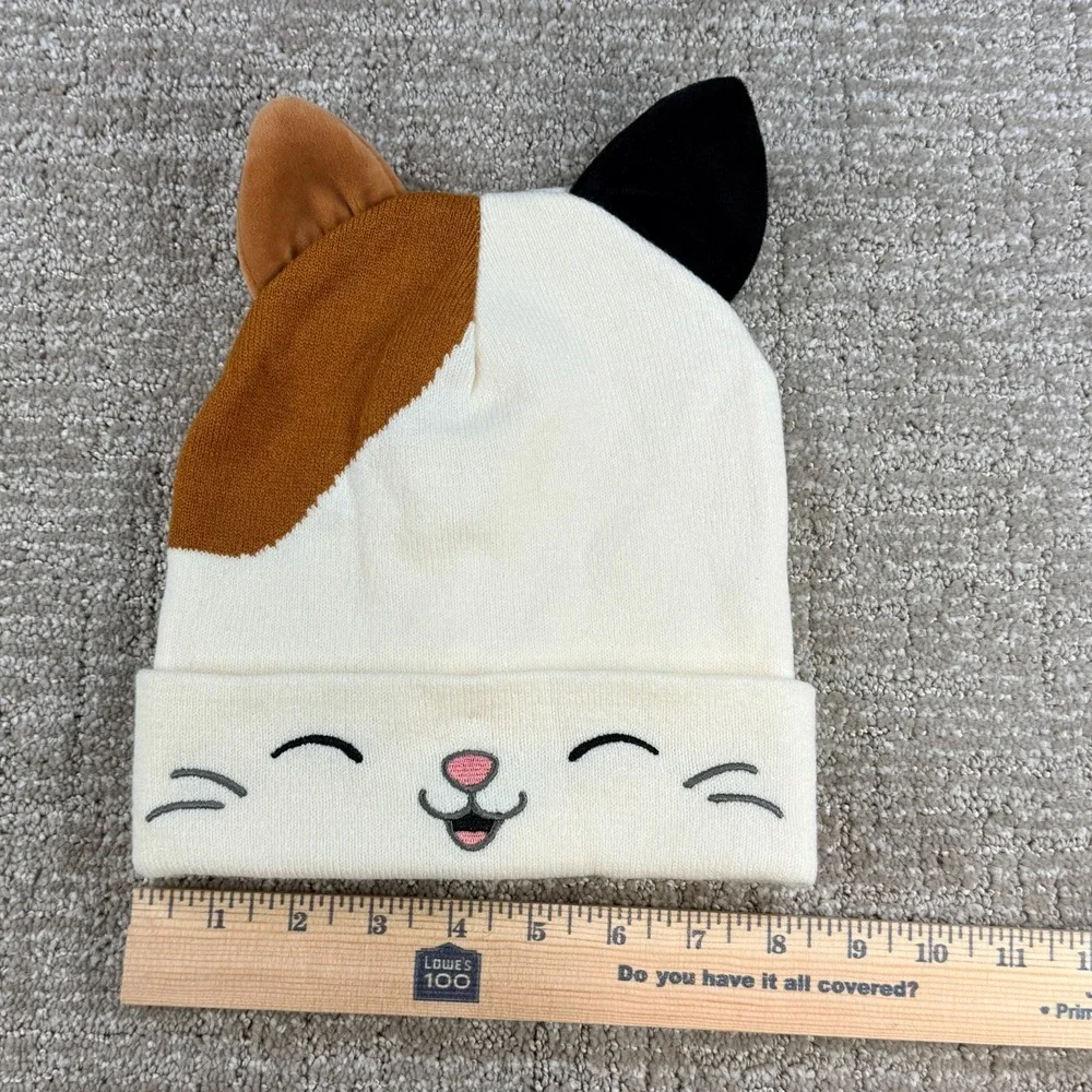 Squishmallows Youth OSFM Cat Ear Knit‎ Beanie Hat White Calico Kitty Face